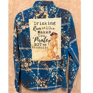 Angry Minnow Clothing Co Bleached Plaid Flannel Shirt Women's Graphic Pin Up